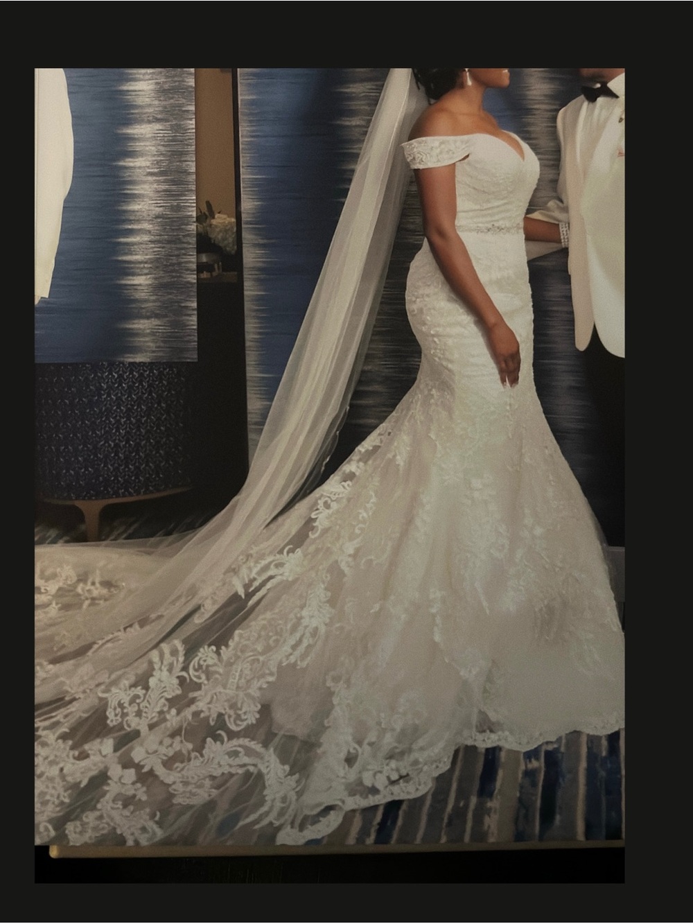 Oleg Cassini White Off-Shoulder Lace Bridal Gown with Long Veil